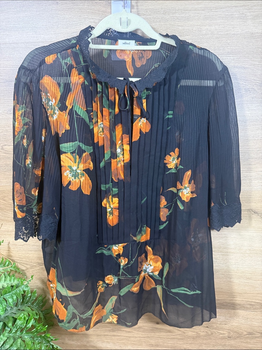 Wilfred Black Sheer Pleated Blouse with Orange Floral Print